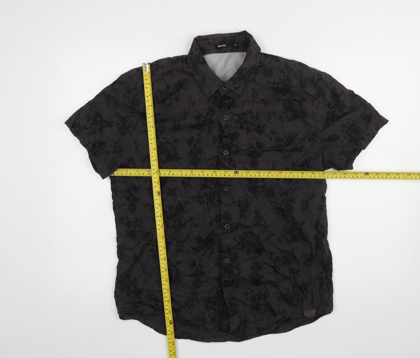Hering Men's Black Floral Cotton Short Sleeve Button-Up Shirt Size L