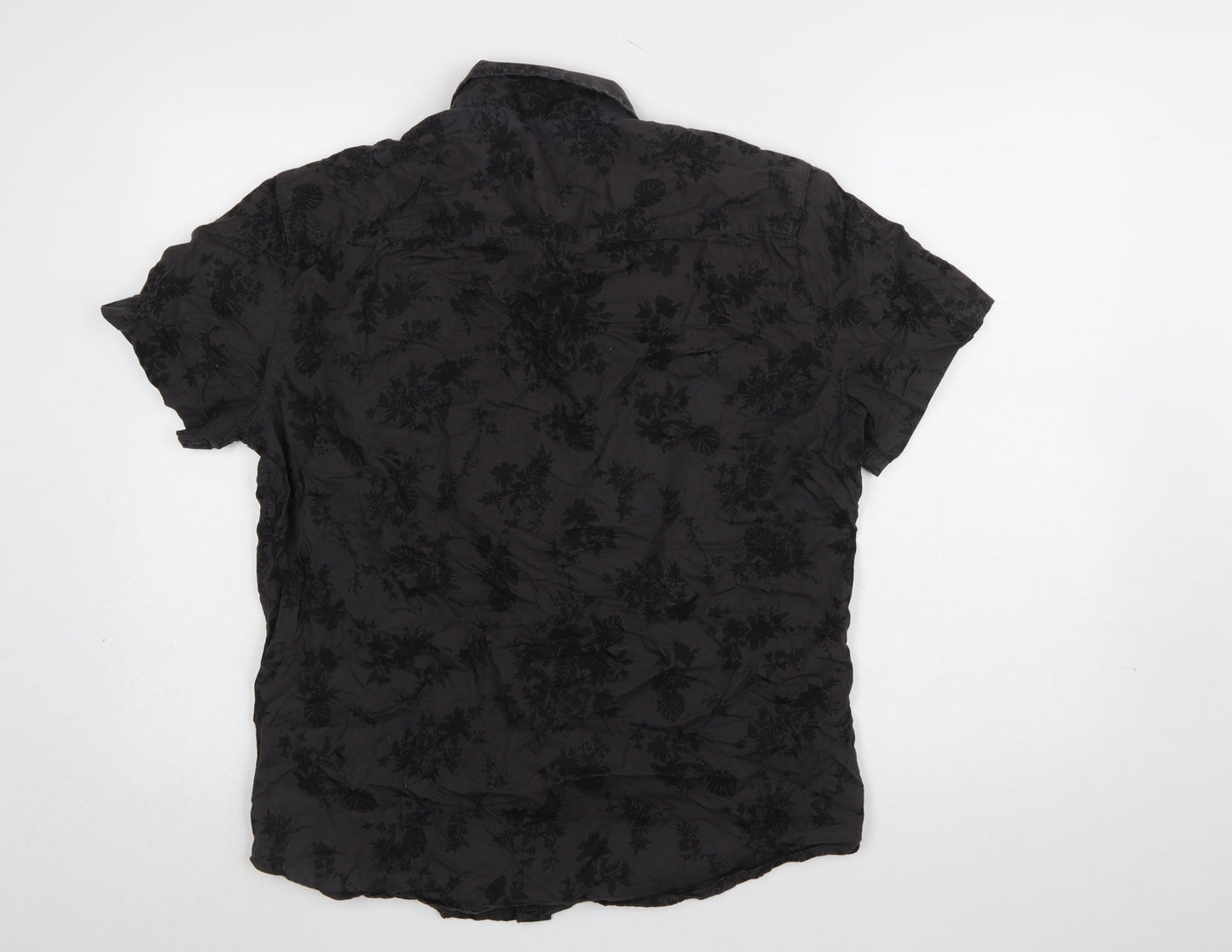 Hering Men's Black Floral Cotton Short Sleeve Button-Up Shirt Size L