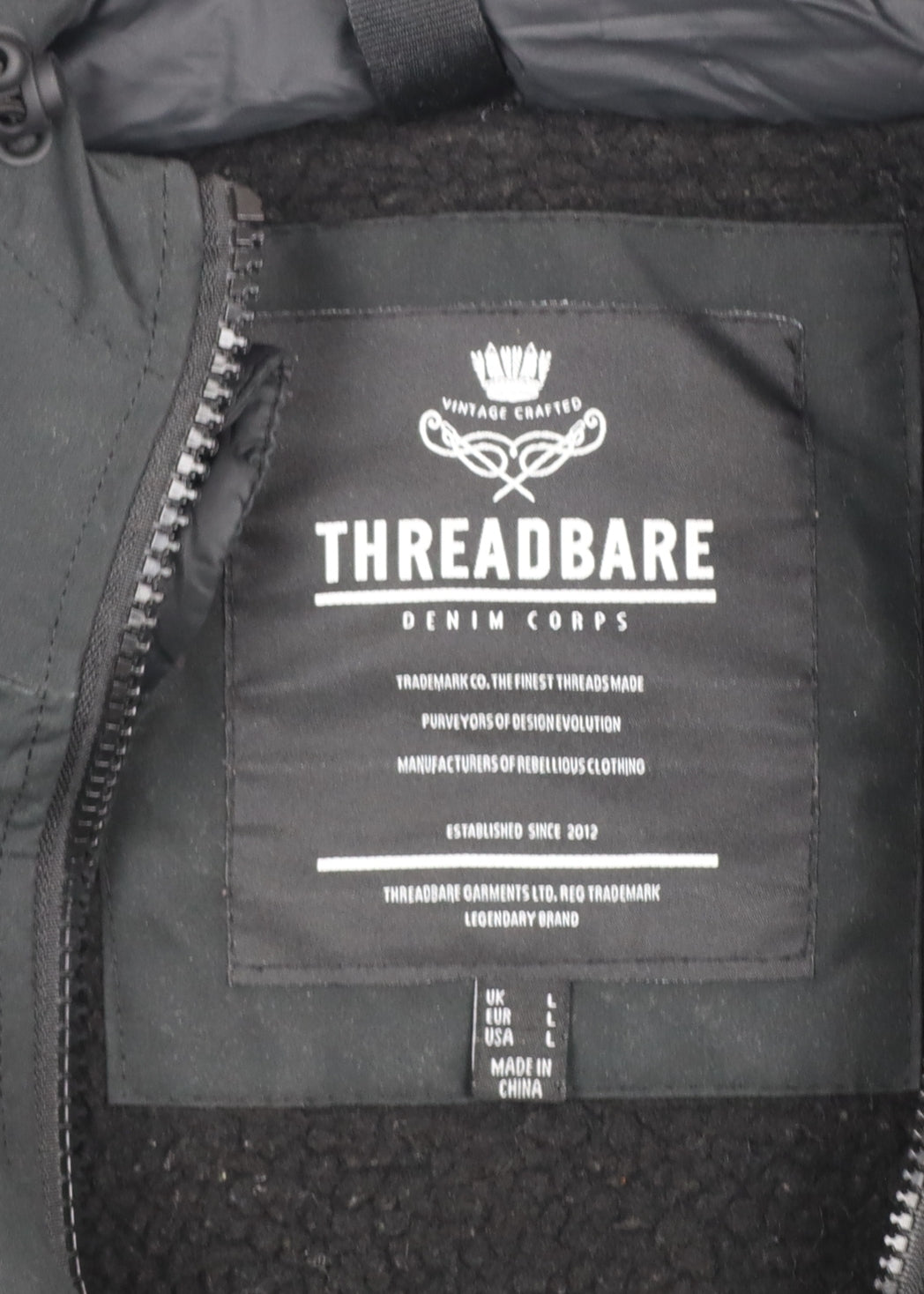 Mens UK Size L Threadbare Black Puffer Jacket