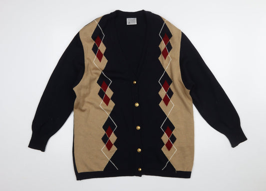 Basler Womens Beige Black Argyle Wool V-Neck Long Sleeve Cardigan Size 16