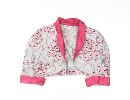 John Bentley Women’s Grey Pink Embroidered Silk Cropped Blazer Size 16