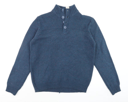 Dunnes Men’s Blue Henley Jumper Medium High Neck Knit Wool Blend
