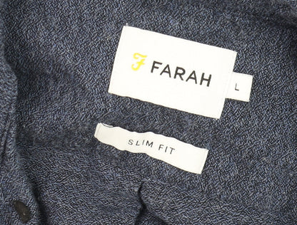 Farah Men's Blue Slim Fit Long Sleeve Button-Up Cotton Shirt Size L