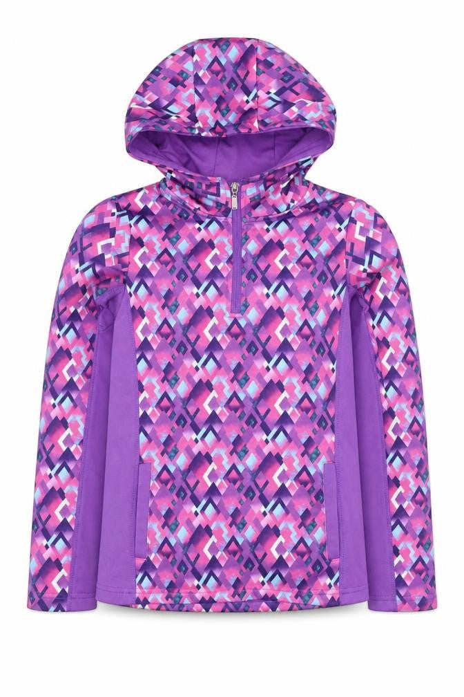 Front view of Dunnes girls’ purple geometric hooded 1/4 zip activewear jacket 10-11 years