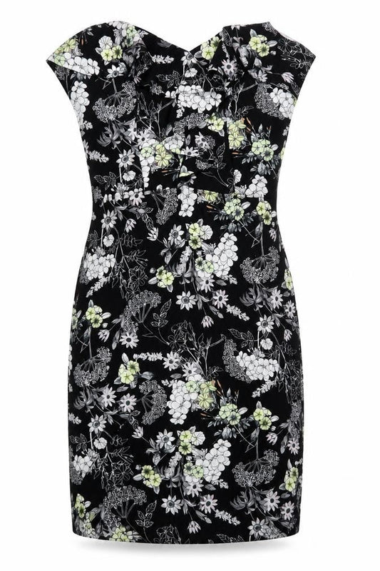 Front view of Miss Selfridge Women's Black Floral Strapless Bodycon Dress, size 10