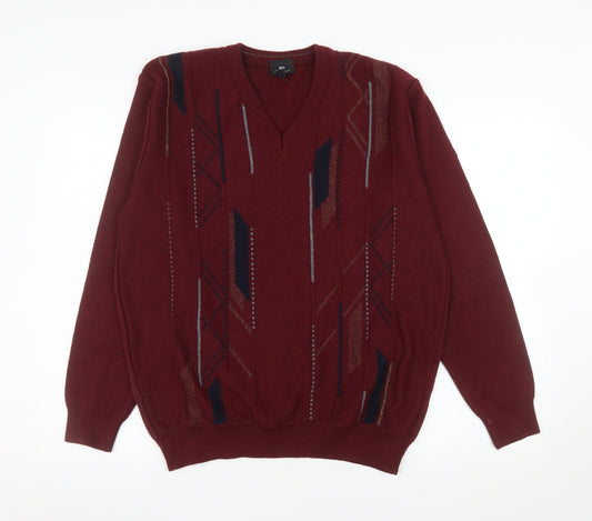 DG's Prestige Collection Men's Red V-Neck Geometric Wool Blend Jumper L