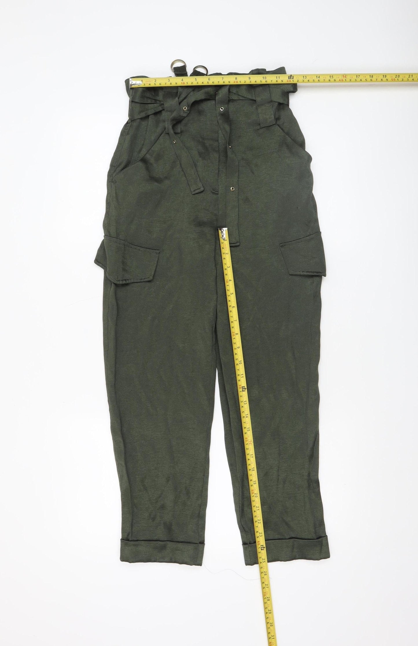 Womens UK Size 6 River Island Regular Fit Paperbag Green Trousers