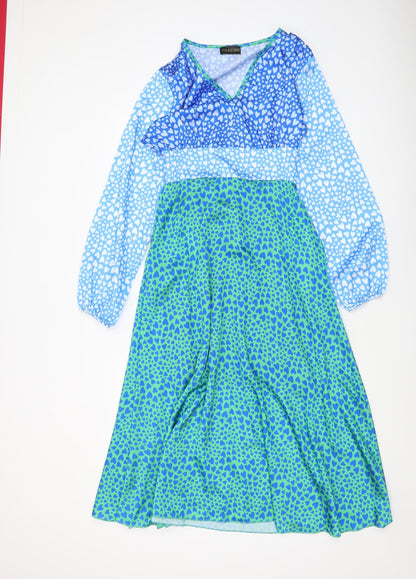 Pala D'oro Women's Blue Green Heart Print Midi A-Line Dress Size S