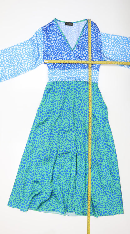 Pala D'oro Women's Blue Green Heart Print Midi A-Line Dress Size S