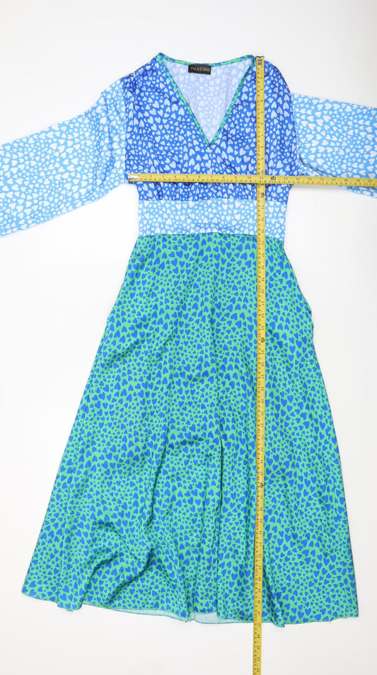 Pala D'oro Women's Blue Green Heart Print Midi A-Line Dress Size S