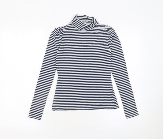 Marks and Spencer Women Blue Striped Roll Neck Long Sleeve Cotton Top Size 6