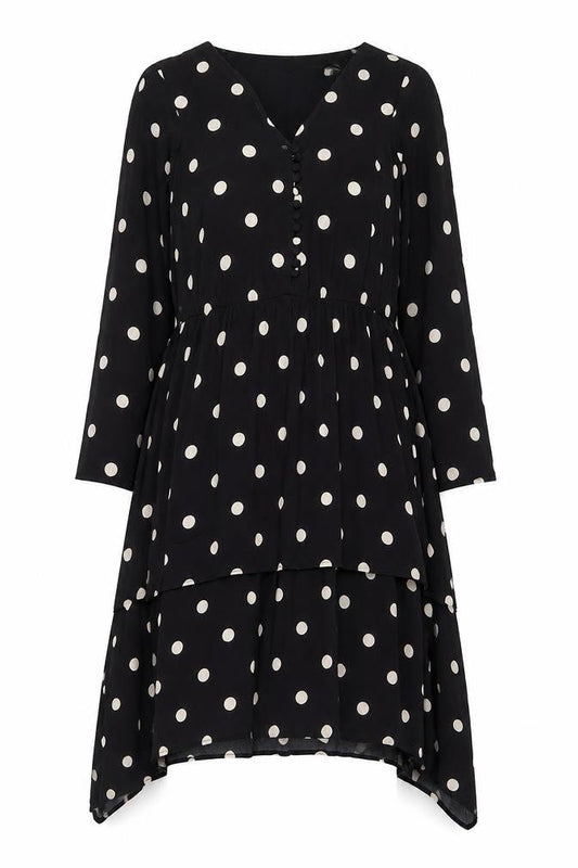 Front view of Gallery women’s black polka dot hi-low a-line viscose dress uk 14