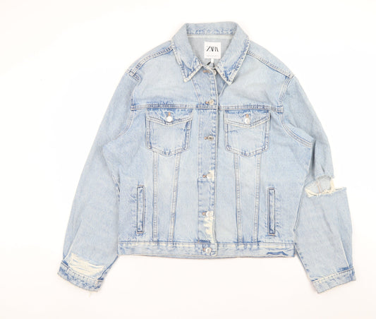 ZARA Women Blue Denim Jacket Size S Distressed Relaxed Fit