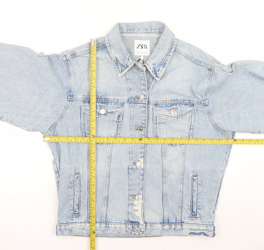 ZARA Women Blue Denim Jacket Size S Distressed Relaxed Fit