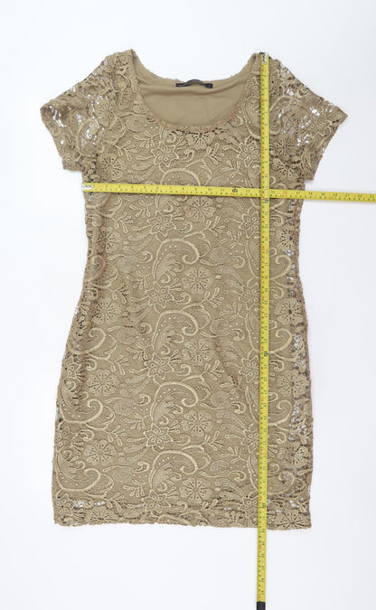 Next Women Beige Lace Bodycon Short Sleeve Dress Size 14