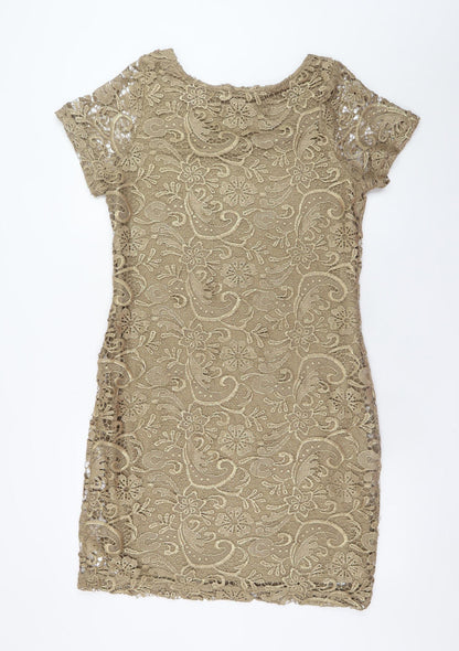 Next Women Beige Lace Bodycon Short Sleeve Dress Size 14
