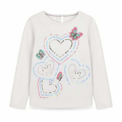 Front view of Monsoon Teens White Long Sleeve Heart Sequin Cotton T-Shirt, size 10