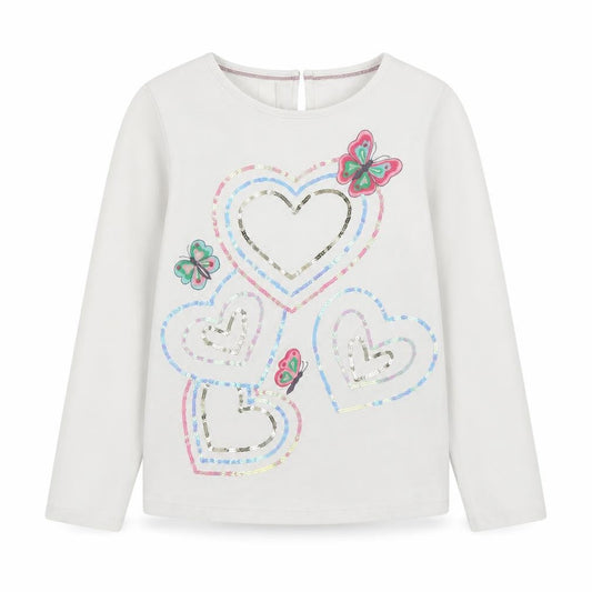 Front view of Monsoon Teens White Long Sleeve Heart Sequin Cotton T-Shirt, size 10