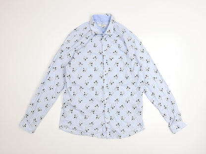 Jack & Jones Men's Blue Floral Long Sleeve Cotton Button-Up Shirt Size L 42