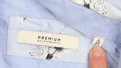 Jack & Jones Men's Blue Floral Long Sleeve Cotton Button-Up Shirt Size L 42