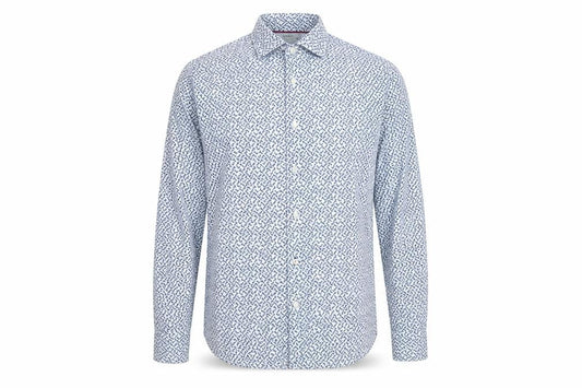 Front view of Mango Man Blue Slim Fit Geometric Cotton Long Sleeve Shirt M