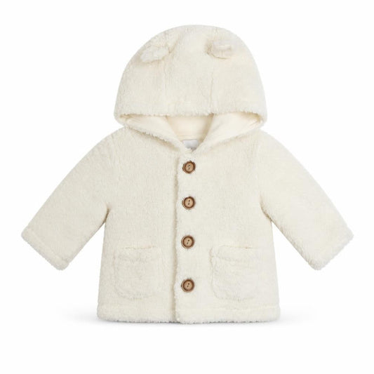 Front view of Baby Gap unisex ivory fleece hooded button coat 3-6 months