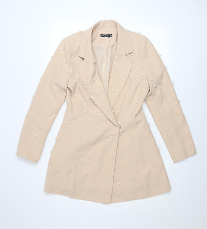 Boohoo Womens Beige Pearl Embellished Blazer UK 8 Classic Mid-Length