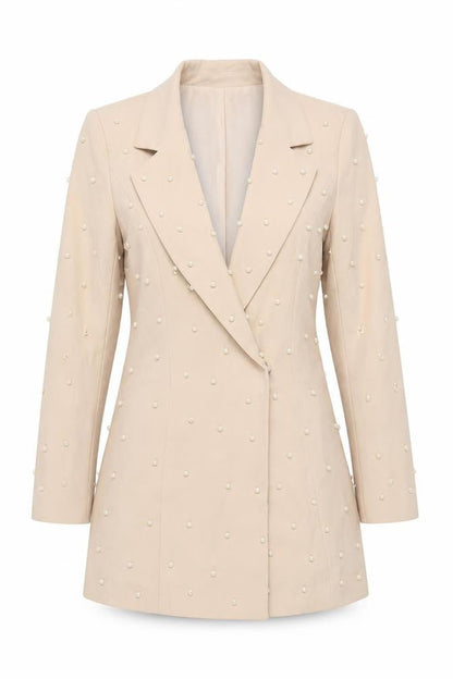 Boohoo Womens Beige Pearl Embellished Blazer UK 8 Classic Mid-Length