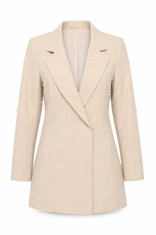 Boohoo Womens Beige Pearl Embellished Blazer UK 8 Classic Mid-Length