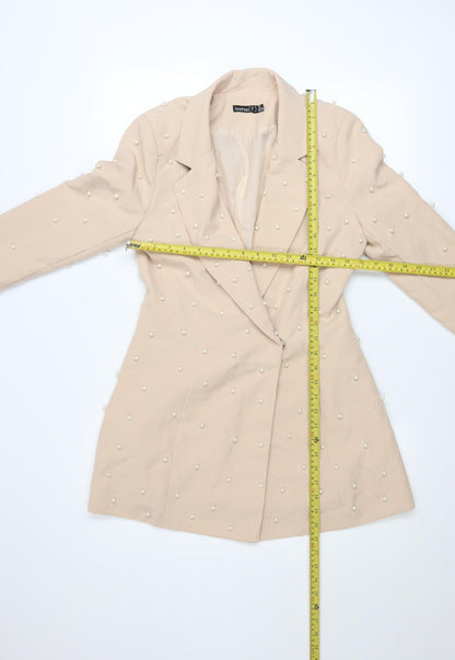 Boohoo Womens Beige Pearl Embellished Blazer UK 8 Classic Mid-Length