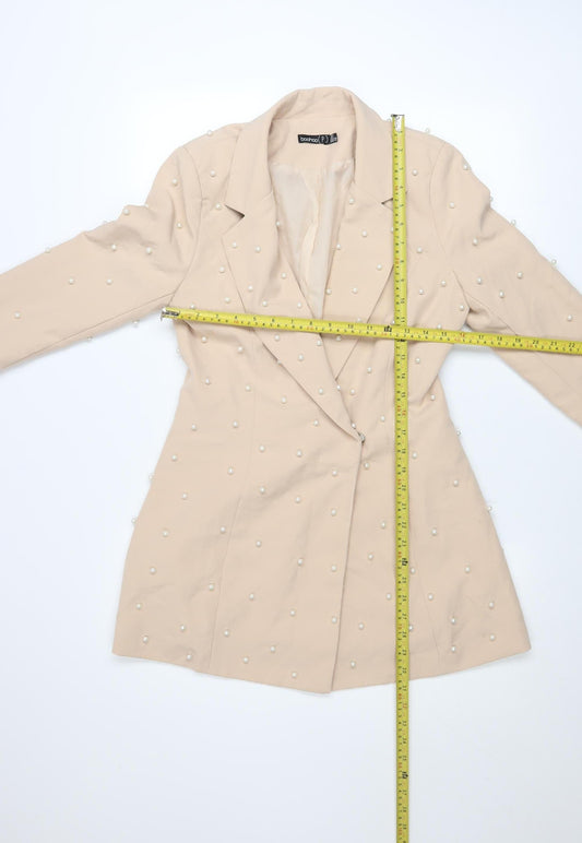 Boohoo Womens Beige Pearl Embellished Blazer UK 8 Classic Mid-Length