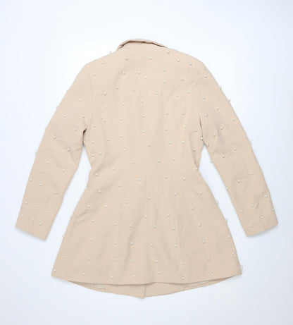 Boohoo Womens Beige Pearl Embellished Blazer UK 8 Classic Mid-Length