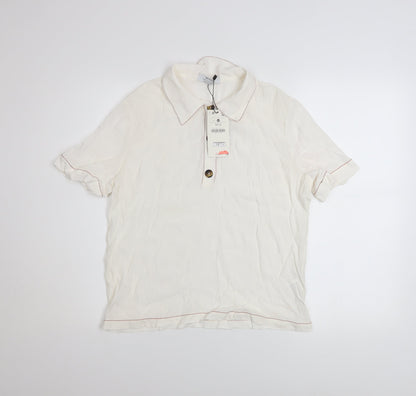 Bershka Women's Ivory Short Sleeve Collared Button-Up Top M