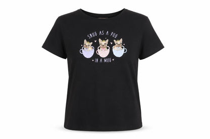 Front view of Lipsy girls’ black 'snug as a pug' graphic cotton t-shirt 13-14 years