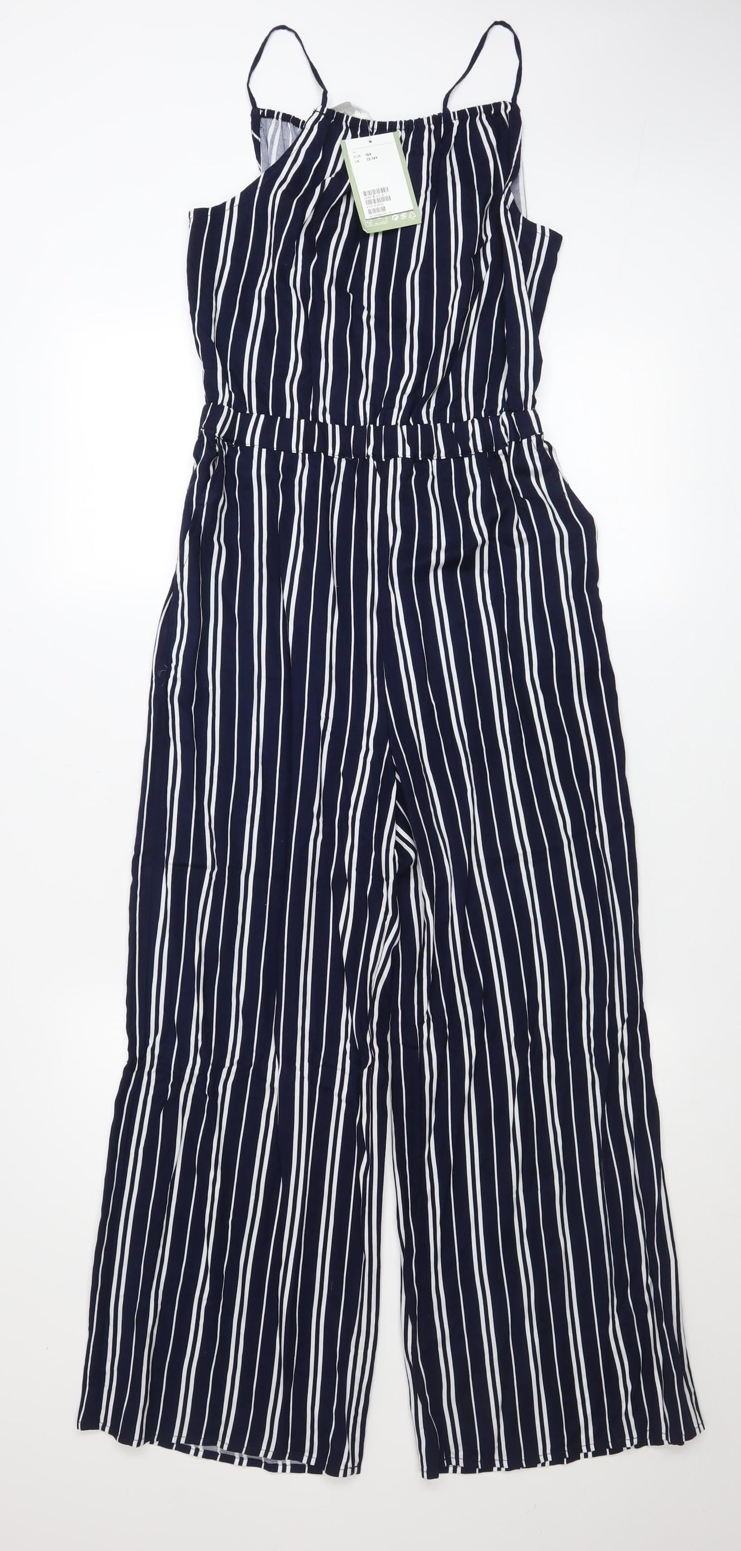 H&M Girls Navy Striped Jumpsuit 13-14 Years Viscose Summer Playsuit