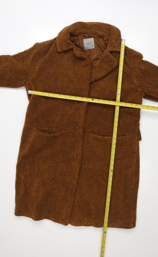 Next Women Brown Long Teddy Overcoat Size 14 Lined Polyester Coat