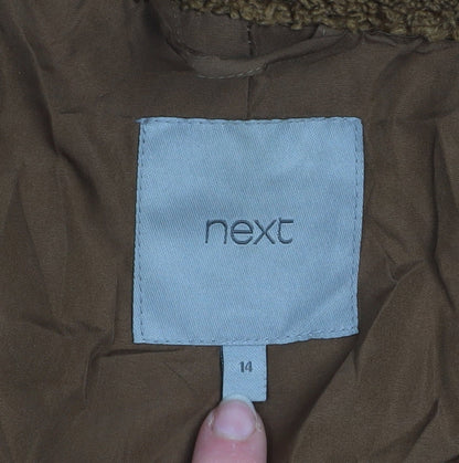 Next Women Brown Long Teddy Overcoat Size 14 Lined Polyester Coat