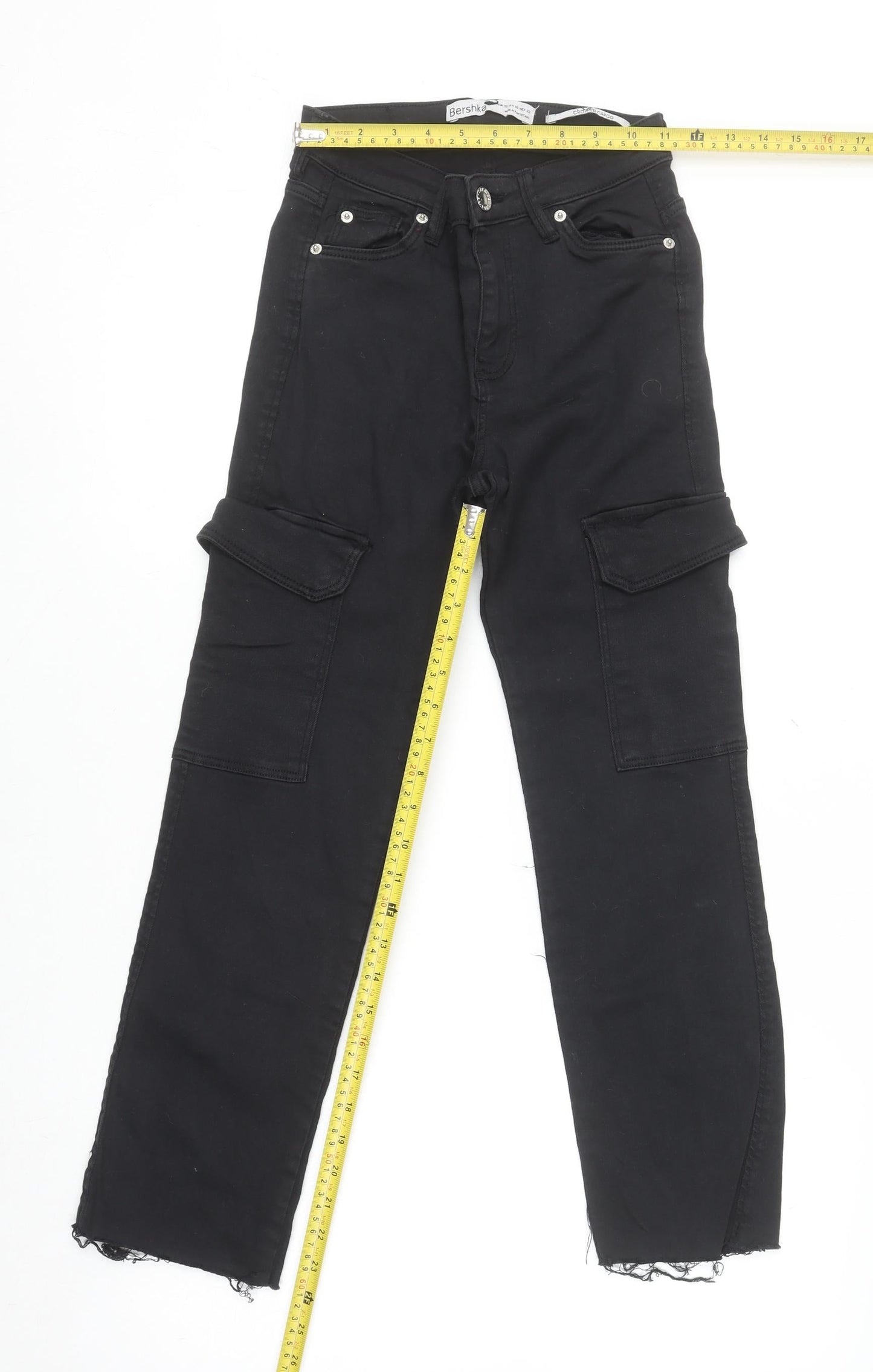 Womens UK Size 4 Bershka Slim Fit Cargo Black Jeans