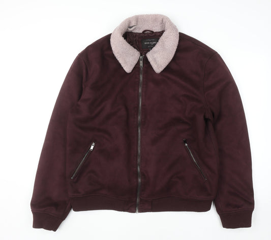 River Island Men's Brown Faux Shearling Collar Bomber Jacket Size 2XL