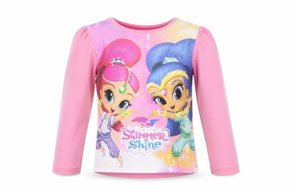 Front view of Nickelodeon girls’ pink shimmer and shine long sleeve cotton t-shirt 5 years
