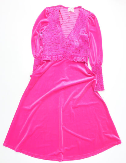Savida Women Pink XS Velvet A-Line Midi Party Dress