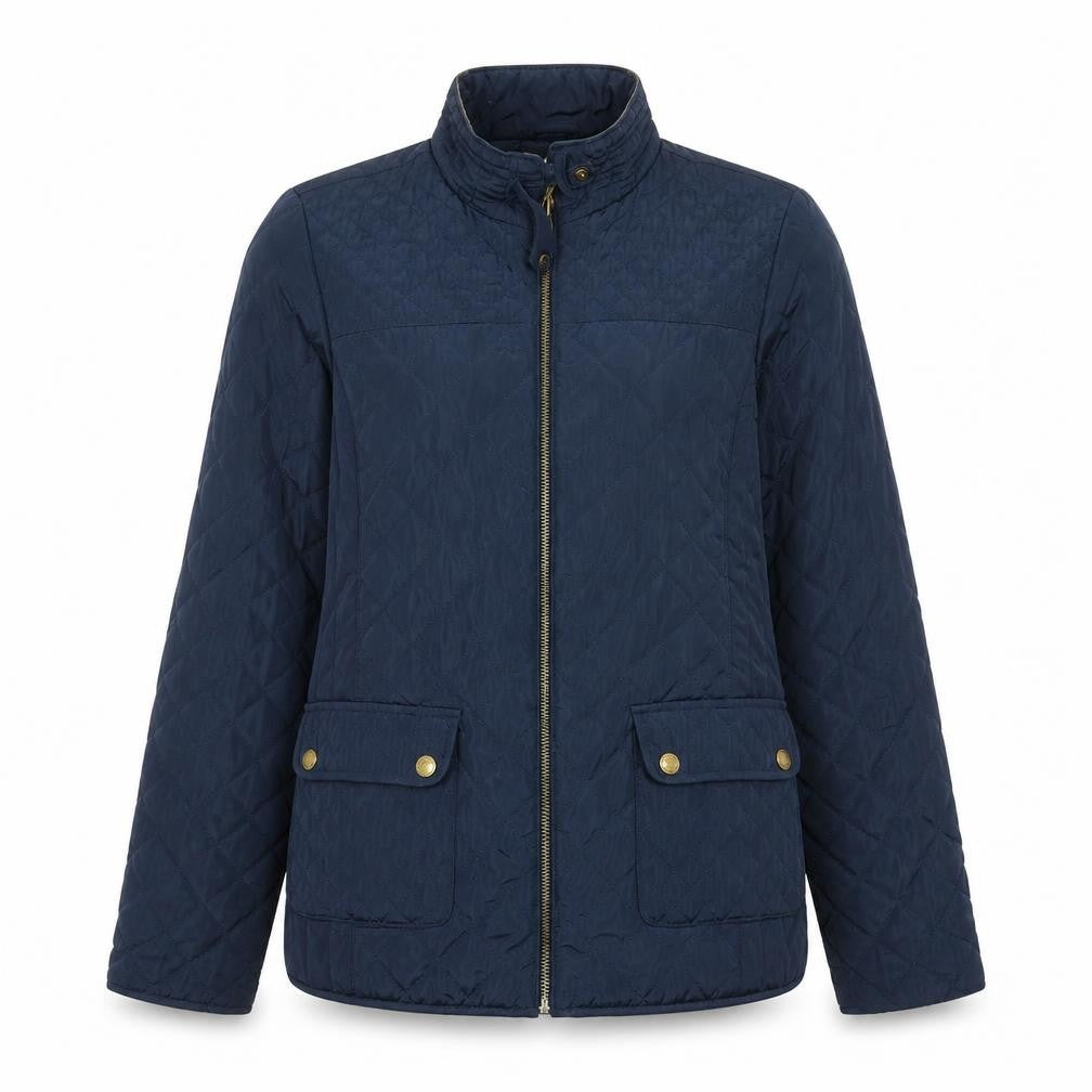 Front view of DMB girls’ blue quilted zip-up winter jacket –, size 15-16, years