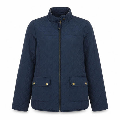 Front view of DMB girls’ blue quilted zip-up winter jacket –, size 15-16, years