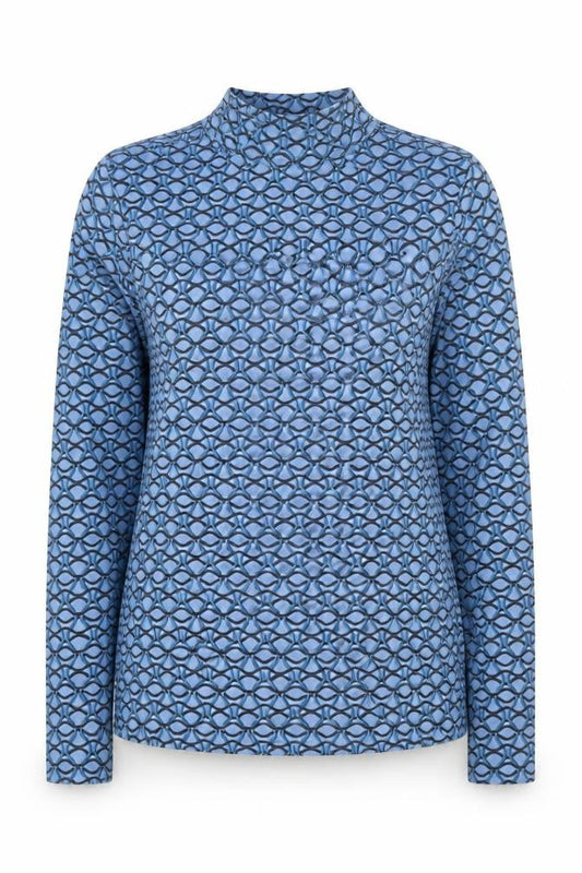 Front view of Gallery Women Blue Geometric Mock Neck Long Sleeve Mesh Top, size 14