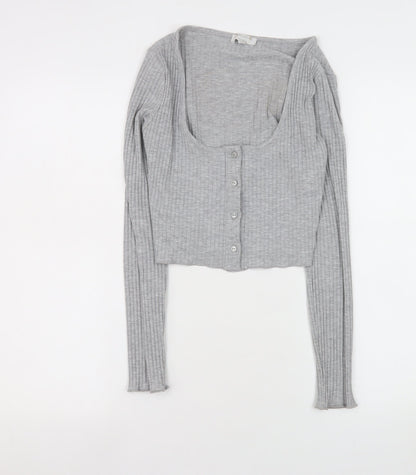Womens UK Size 12 Pull&Bear Grey Cropped Button-Up