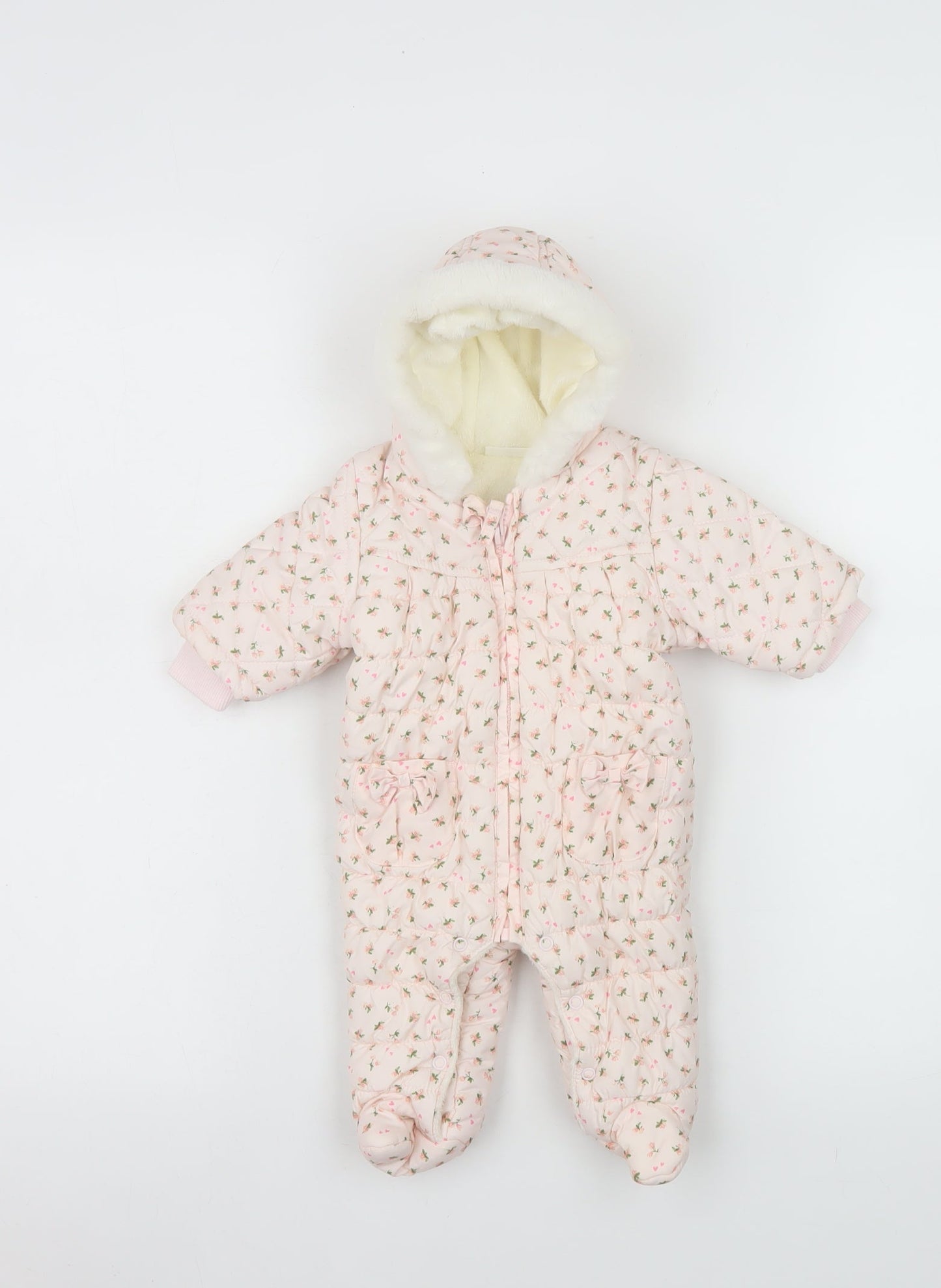 Next Girls Pink Floral Quilted Hooded Snowsuit Size Newborn Winter Padded