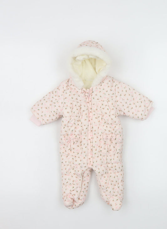 Next Girls Pink Floral Quilted Hooded Snowsuit Size Newborn Winter Padded