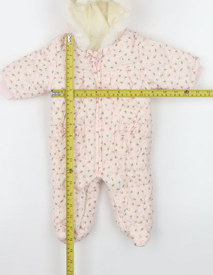 Next Girls Pink Floral Quilted Hooded Snowsuit Size Newborn Winter Padded
