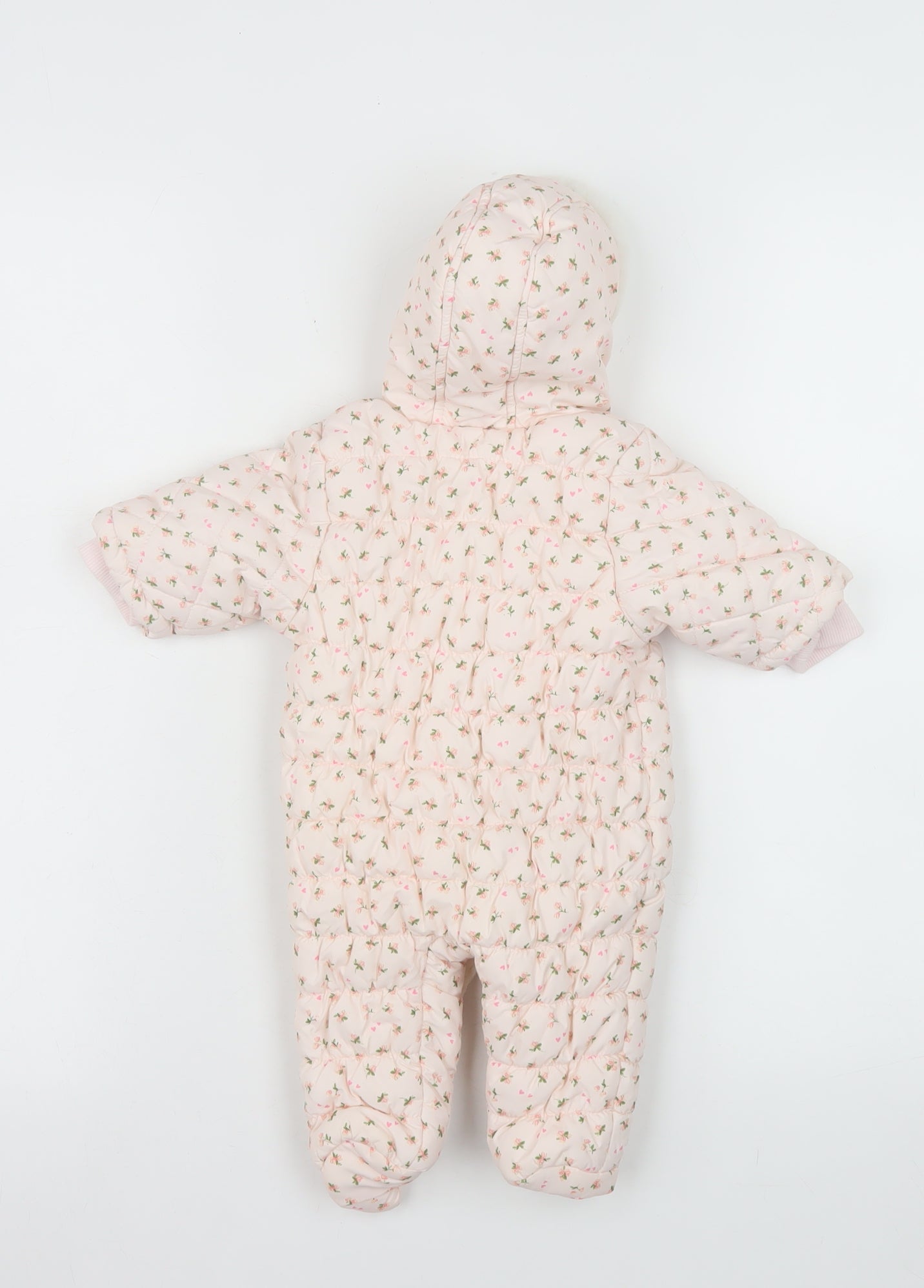 Next Girls Pink Floral Quilted Hooded Snowsuit Size Newborn Winter Padded