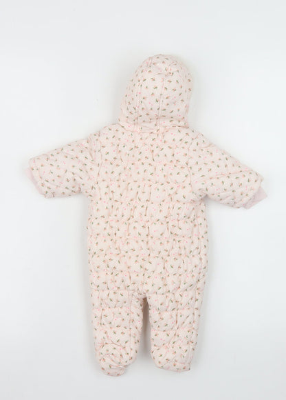 Next Girls Pink Floral Quilted Hooded Snowsuit Size Newborn Winter Padded
